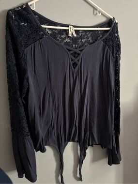 Mudd Navy Lace Yoke Crisscross Tie-Front Blouse